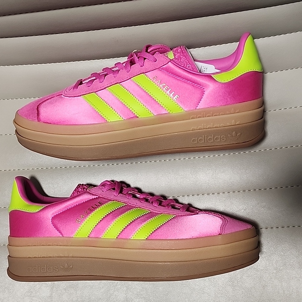 ADIDAS GAZELLE Bold Platform Sneakers W 10 11 RARE Pink Green Satin Trainers Gum - Picture 9 of 16